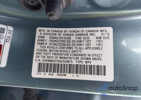 2016 Honda Cr-V Ex-L z USA, uszkodzony, nr VIN 2HKRM3H79GH554875